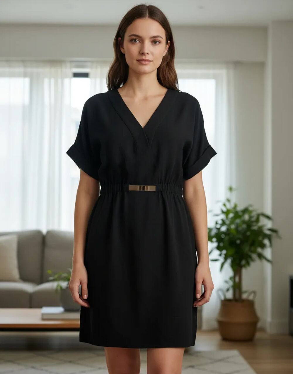 ZARA Basic Mini Dress LACK GOLD Belt V- Neck Size Medium EUC